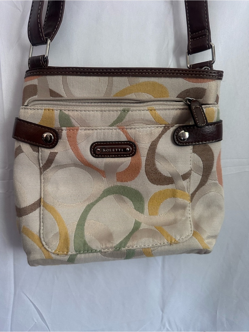 Rossetti Neutral Ring-Print Crossbody Bag with Brown Trim - Picture 2 of 5